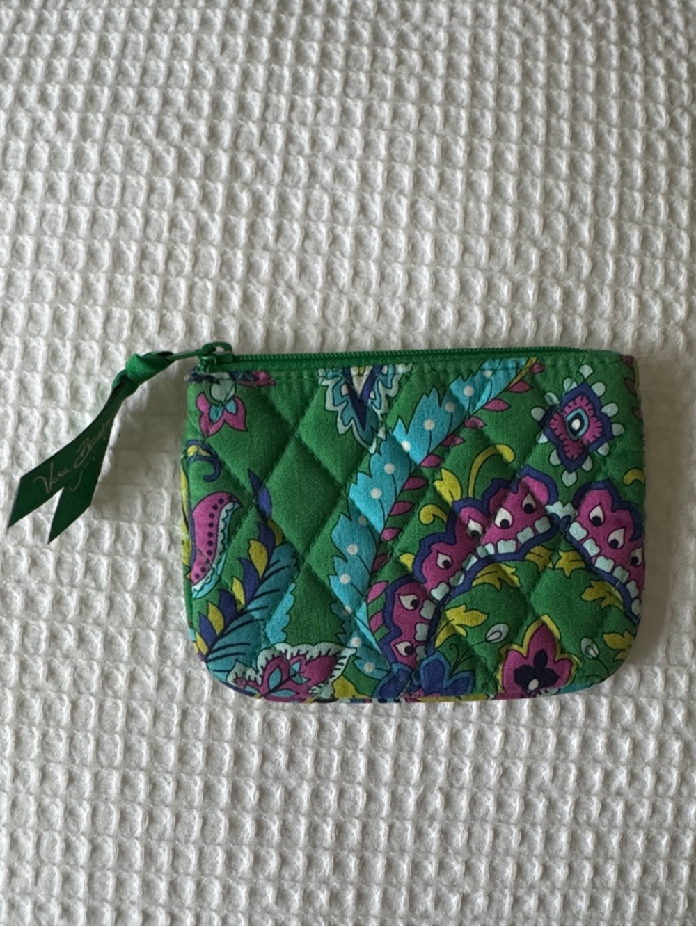Vera Bradley Quilted Zip Coin Purse Card Holder Green Paisley Floral Wallet